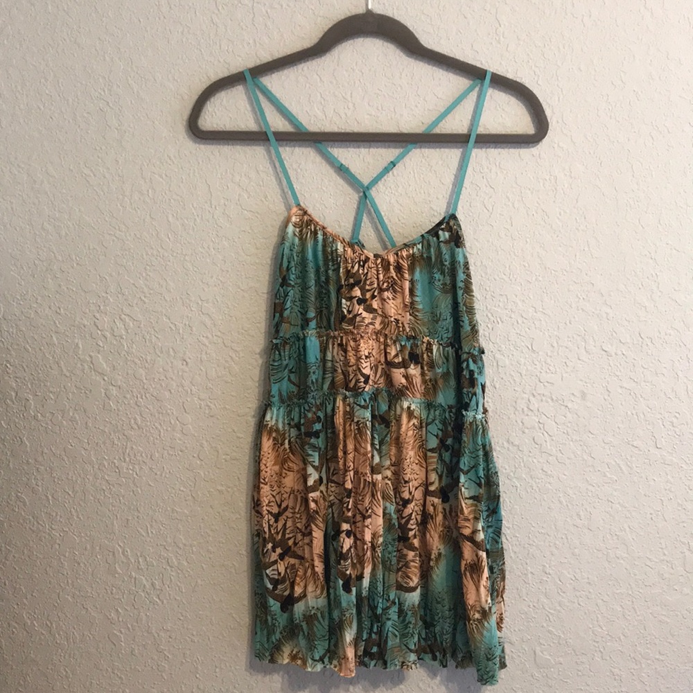 Free People Blue and Tan with Birds Shirt